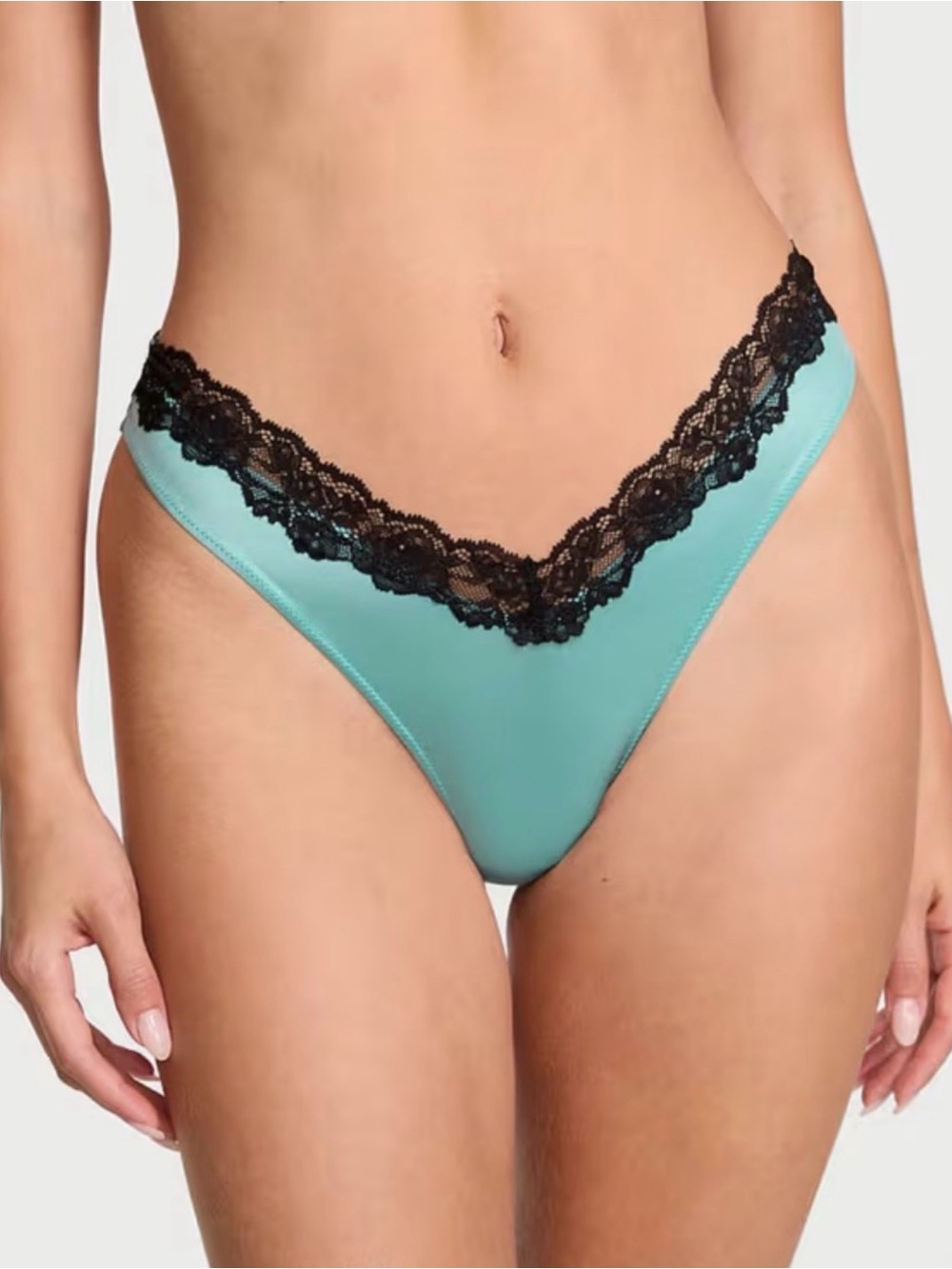 Victoria’s Secret Very Sexy High Leg Thong Panty XL Turquoise Black Lace NWT
